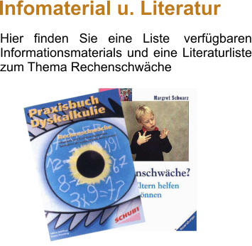 Hier finden Sie eine Liste verfgbaren Informationsmaterials und eine Literaturliste zum Thema Rechenschwche Infomaterial u. Literatur